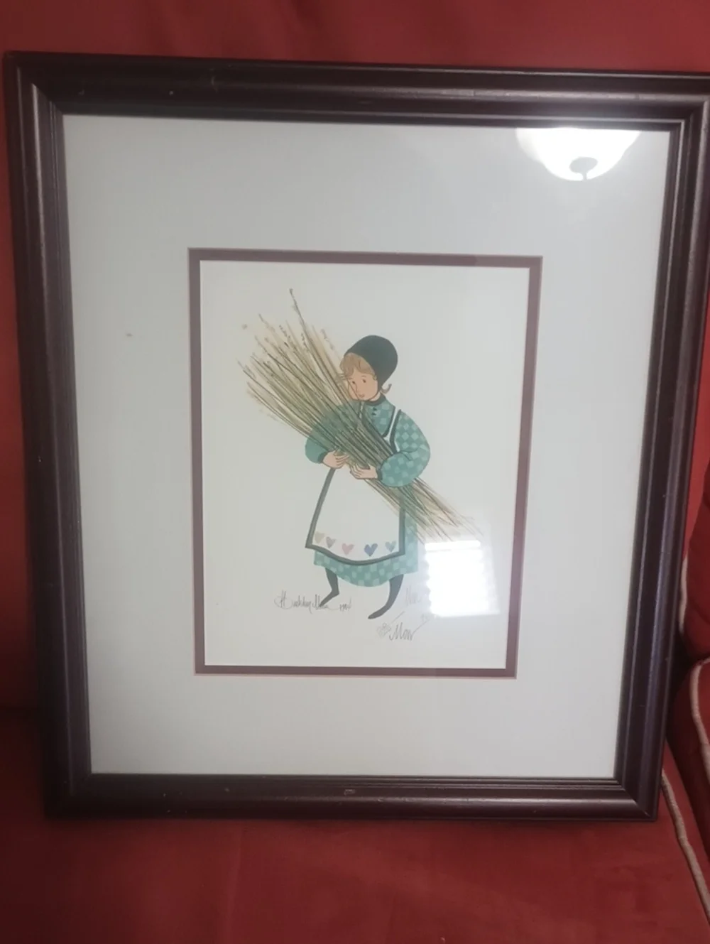 P Buckley Framed Girl with Wheat Farmhouse Wall Art - Brown Frame, Green Dress